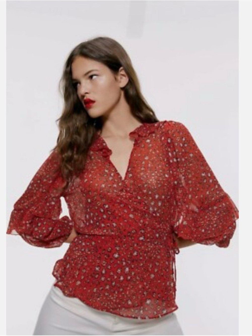 Zara Red Floral Print Wrap Blouse with Ruffle Collar